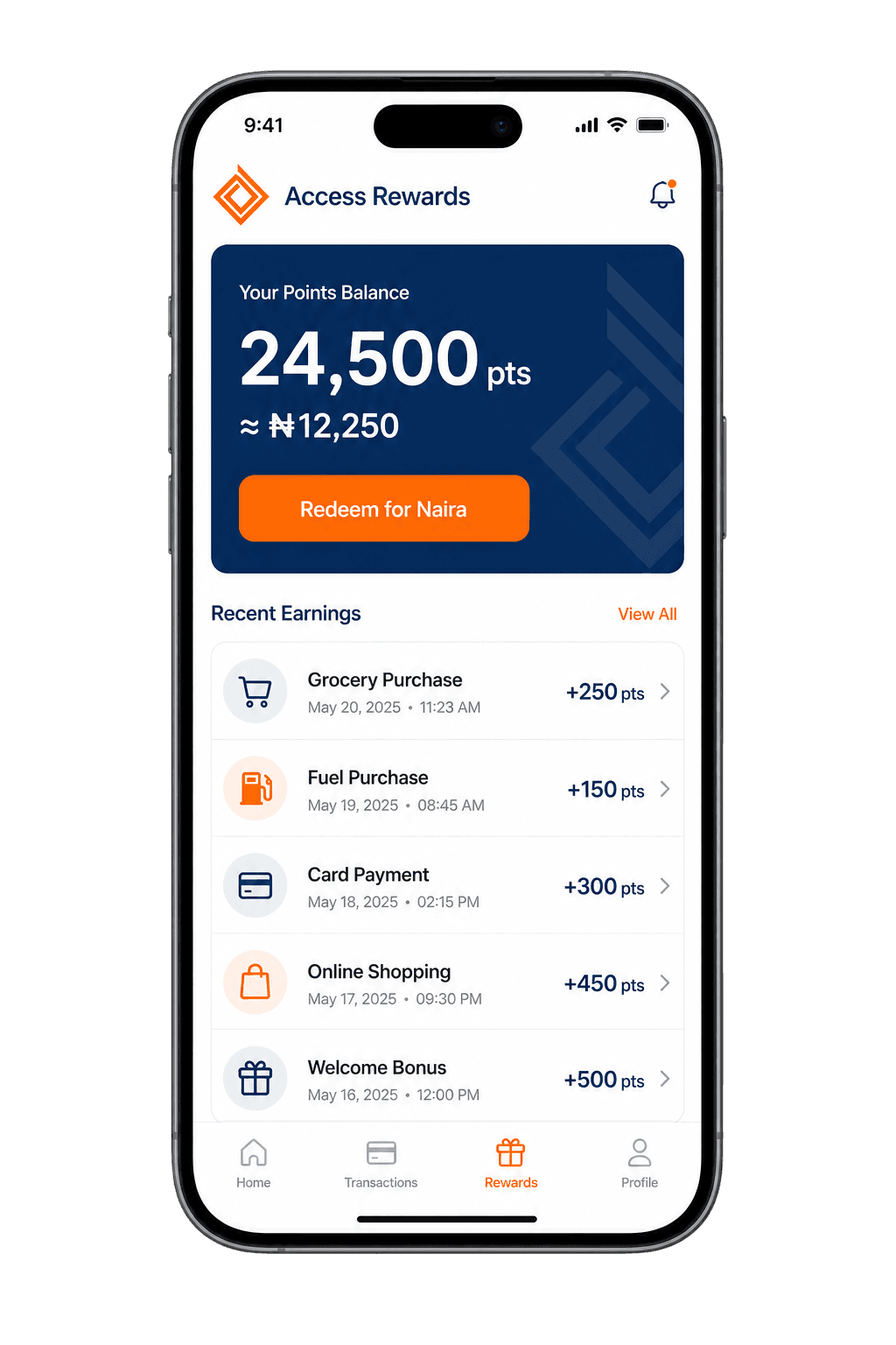 Access Rewards app screen showing points being converted into Naira